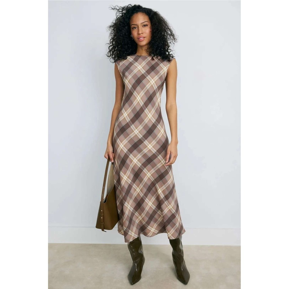 Argent Bias Dress Silk Brown Plaid Sleeveless Maxi Women Size L